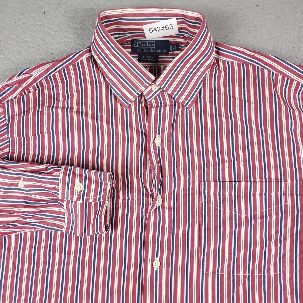 Ralph Lauren Curham Mens 16.5 32/33 Red Blue Striped Dress Button Up Shirt